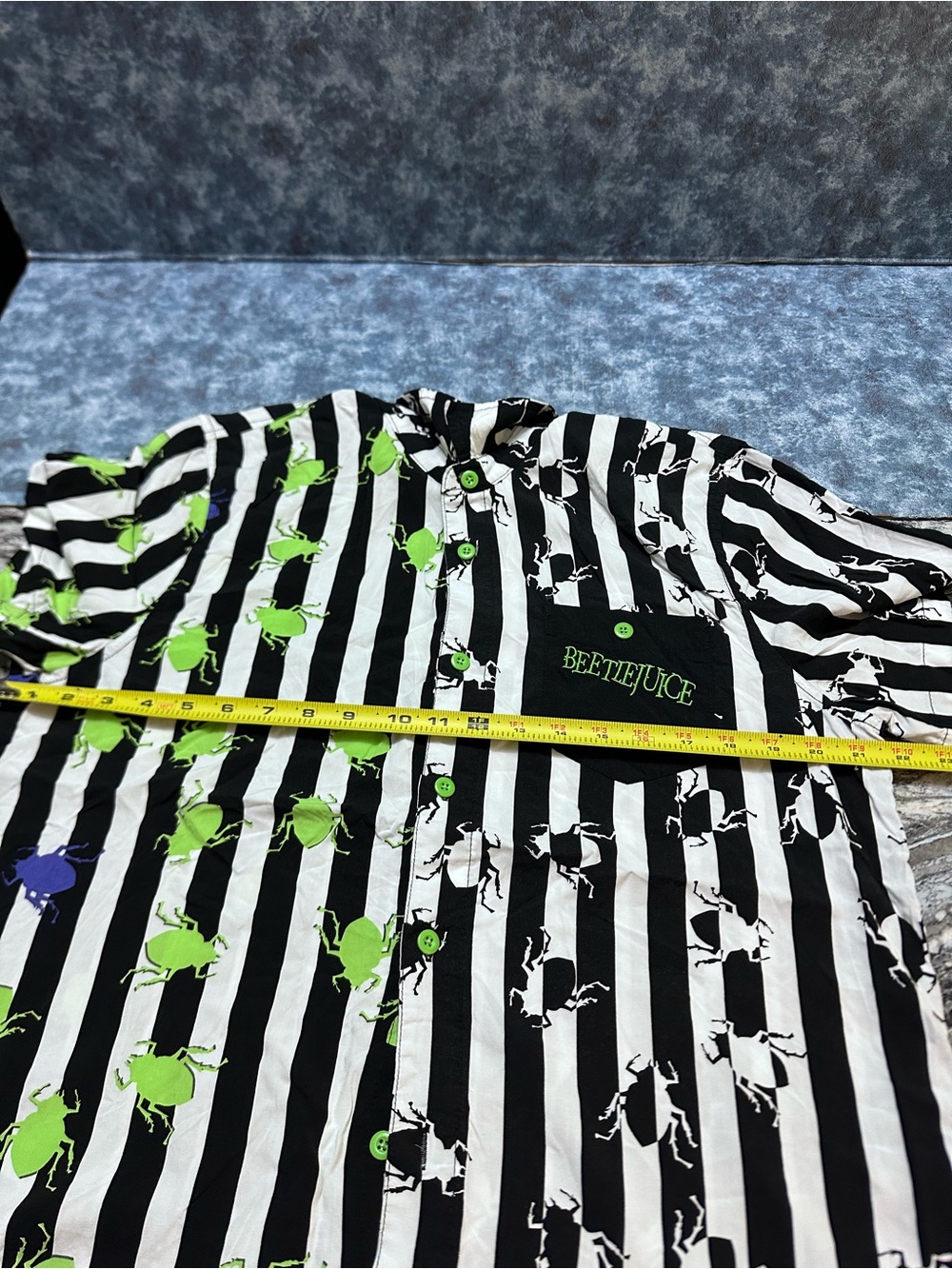 Beetlejuice Black & White Striped Button-Up Shirt with Neon Beetles XL - Picture 4 of 6